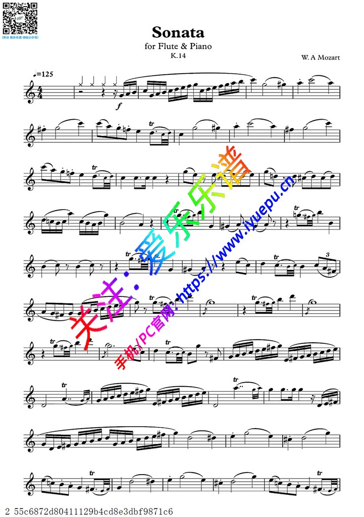 莫扎特C大调长笛奏鸣曲 K.14 I.Allegro 长笛谱 乐谱曲谱总谱分谱伴奏音乐在线预览试听下载