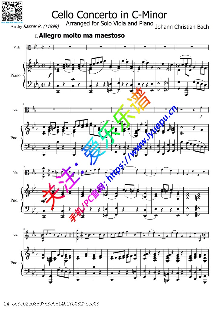 J.C.Bach巴赫 Concerto in C minor C小调协奏曲 中提琴钢琴伴奏谱(全三乐章) 乐谱曲谱总谱分谱伴奏音乐在线预览试听下载