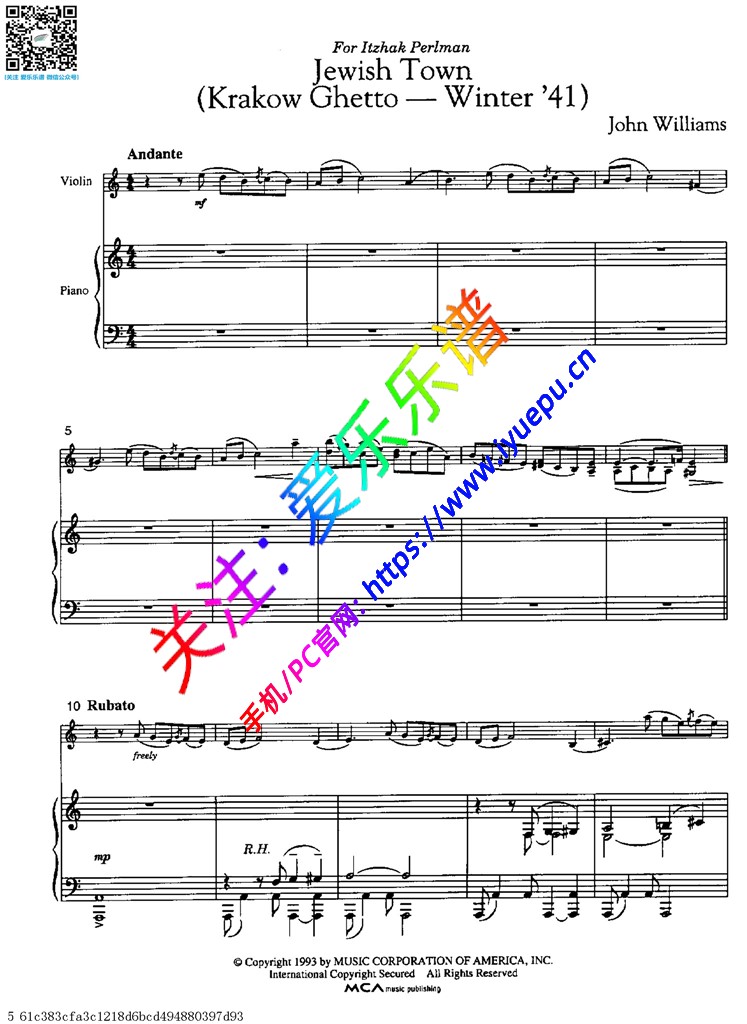 Williams 辛德勒的名单 插曲 Jewish Town 小提琴钢琴伴奏谱 乐谱曲谱总谱分谱伴奏音乐在线预览试听下载