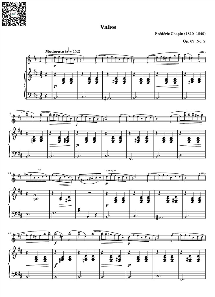 肖邦第十圆舞曲 Op.69 No.2 长笛钢伴谱 乐谱曲谱总谱分谱伴奏音乐在线预览试听下载
