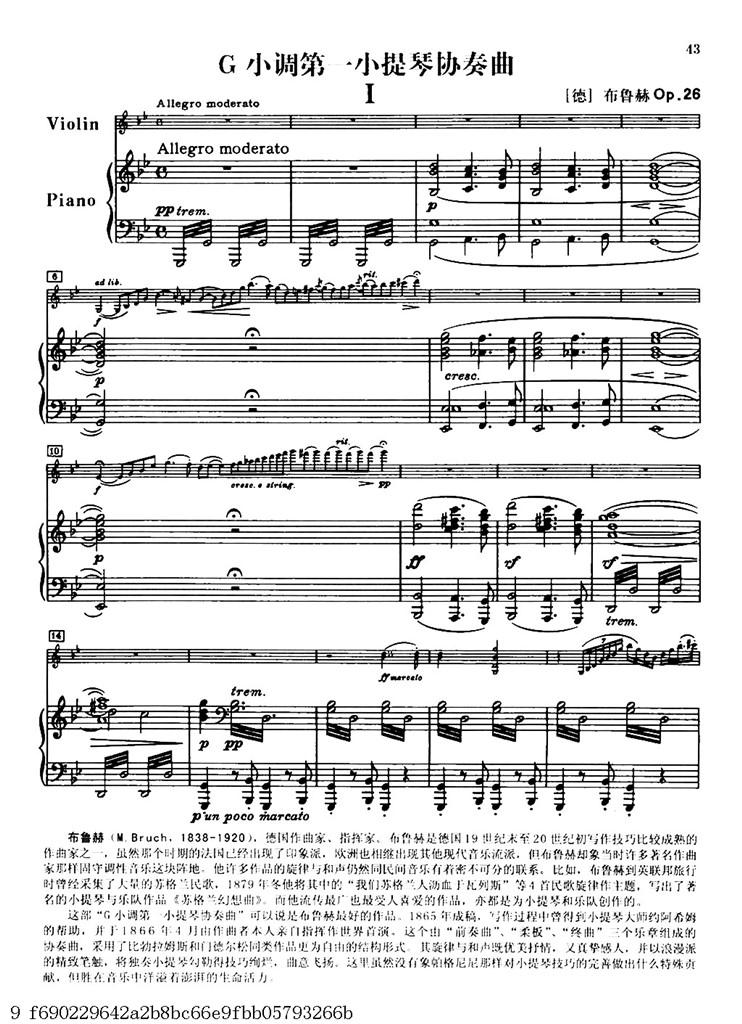 布鲁赫g小调第一小提琴协奏曲 Ⅰ 小提琴钢伴谱V1 乐谱曲谱总谱分谱伴奏音乐在线预览试听下载