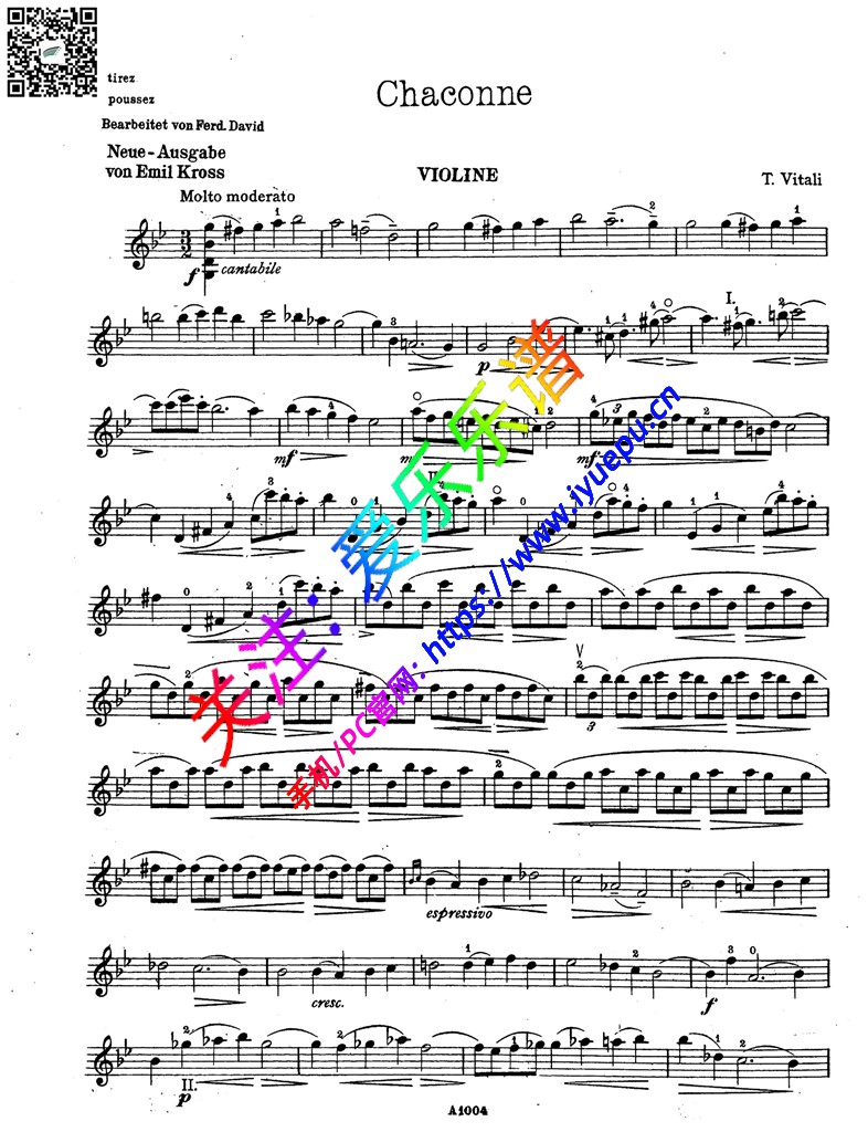 Vitali 维塔利 G小调恰空舞曲 Chaconne 小提琴谱 David 乐谱曲谱总谱分谱伴奏音乐在线预览试听下载