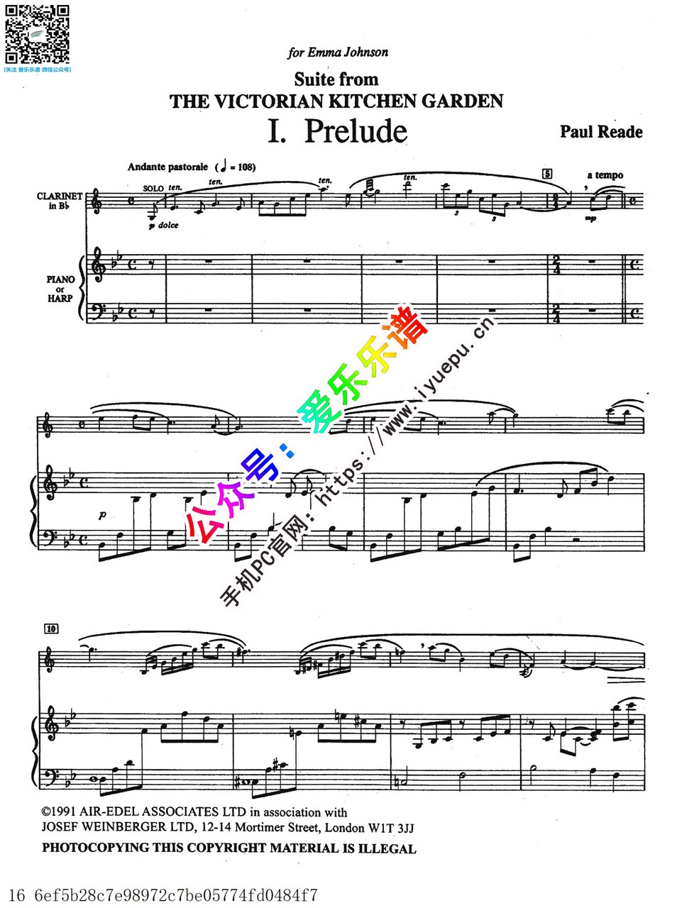 Paul Read里德 Suite from The Victorian Kitchen Garden 维多利亚厨房花园组曲 单簧管钢琴伴奏谱 原版 乐谱曲谱总谱分谱伴奏音乐在线预览试听下载
