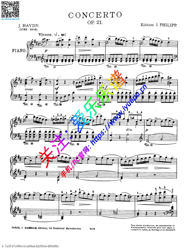 Haydn海顿 Concerto in D Major D大调钢琴协奏曲 Hob XVIII11 第一乐章 Vivace 钢琴谱-PHILIPP 乐谱曲谱总谱分谱伴奏音乐在线预览试听下载