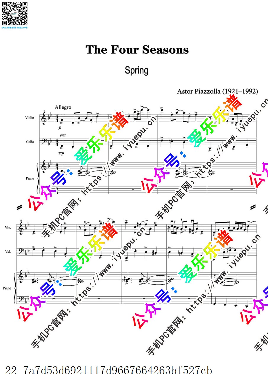 Piazzolla 皮亚佐拉 The Four Seasons-Spring 四季-春 小提琴大提琴钢琴三重奏 总谱与分谱 乐谱曲谱总谱分谱伴奏音乐在线预览试听下载