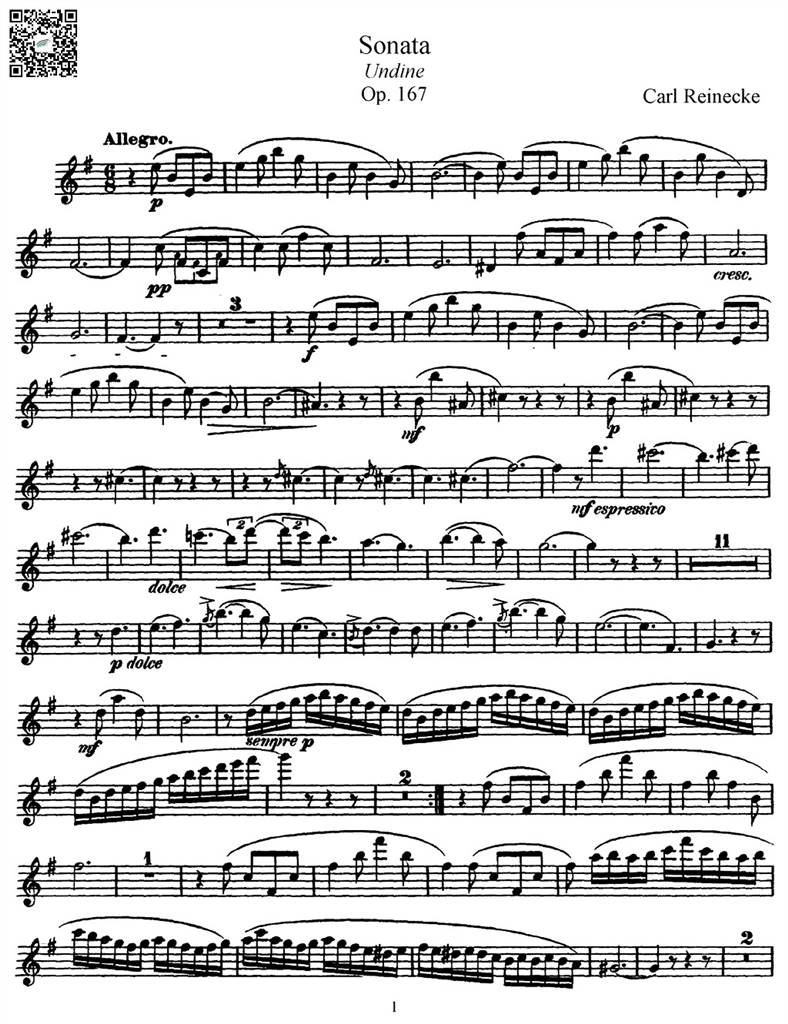 赖内克女水神奏鸣曲 op167 长笛谱 乐谱曲谱总谱分谱伴奏音乐在线预览试听下载