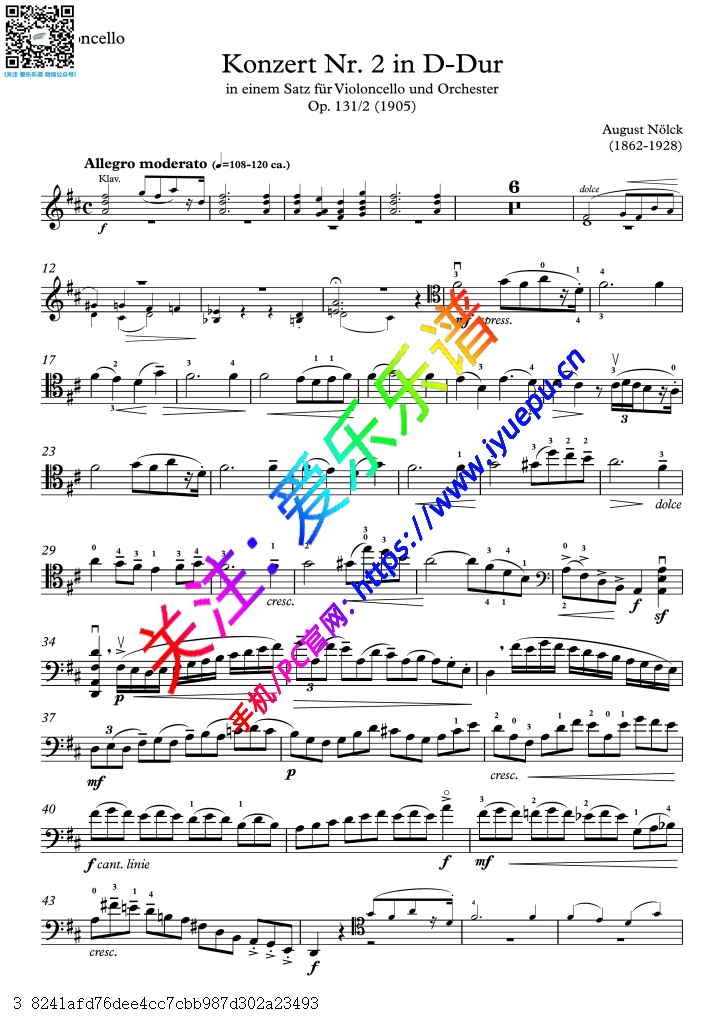 Nolck诺尔克 D大调小协奏曲 Op.131 No.2 大提琴谱 高清 乐谱曲谱总谱分谱伴奏音乐在线预览试听下载