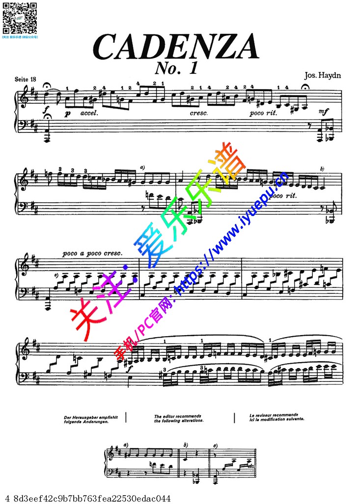 Haydn海顿 Concerto in D Major D大调钢琴协奏曲 Hob XVIII11 华彩部分钢琴谱 乐谱曲谱总谱分谱伴奏音乐在线预览试听下载
