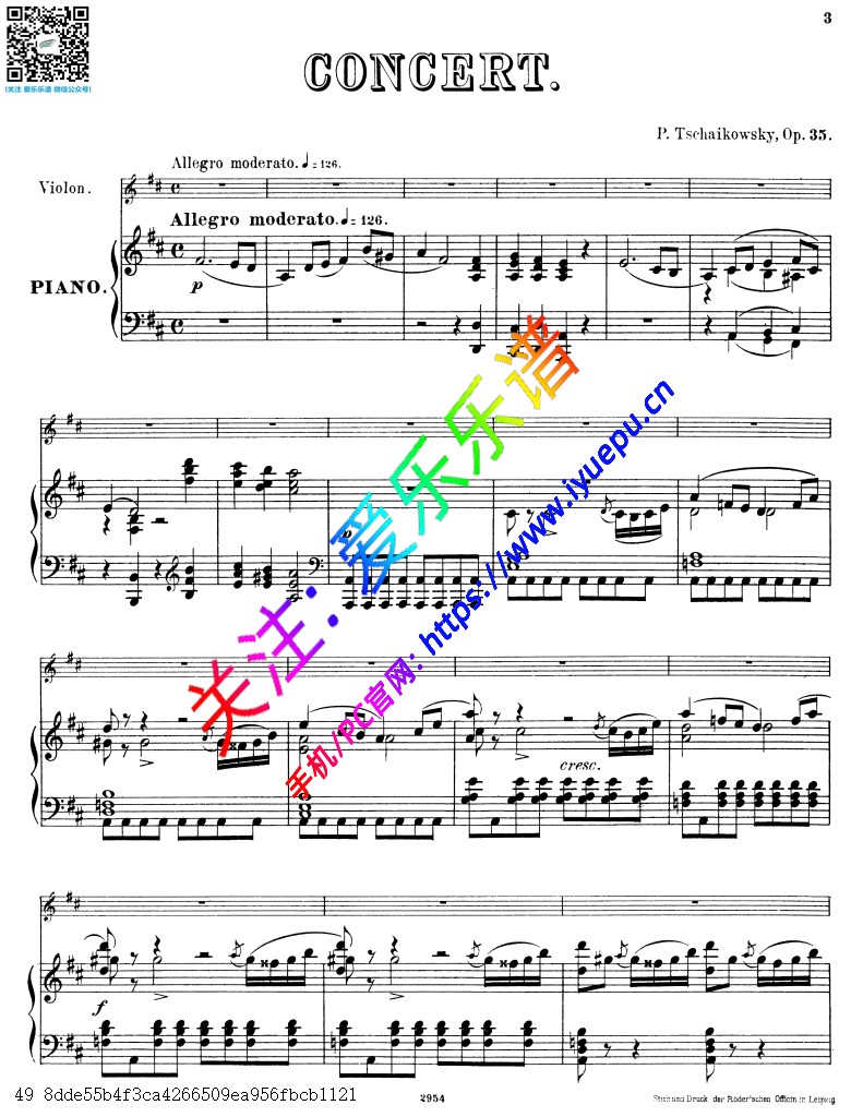 柴科夫斯基D大调小提琴协奏曲 Op35 小提琴钢琴伴奏谱 Rahter 乐谱曲谱总谱分谱伴奏音乐在线预览试听下载