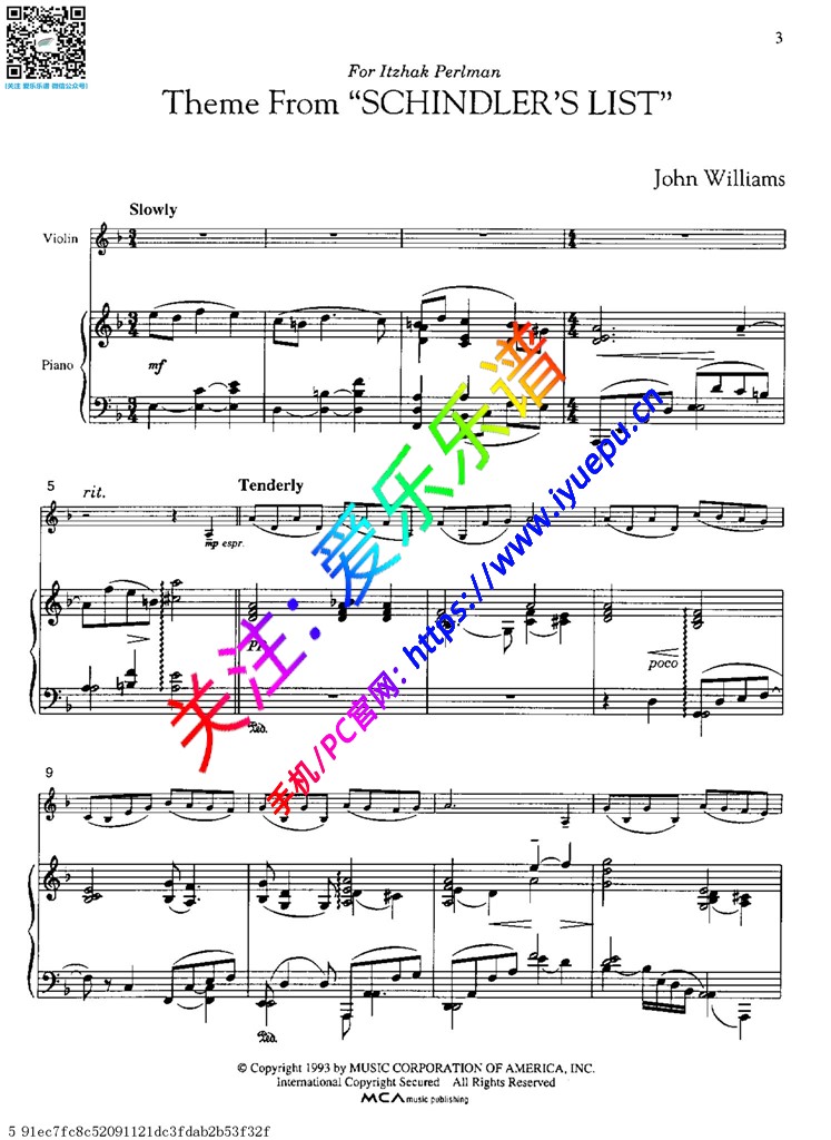 Williams 辛德勒的名单 主题曲 小提琴钢琴伴奏谱 原版 乐谱曲谱总谱分谱伴奏音乐在线预览试听下载
