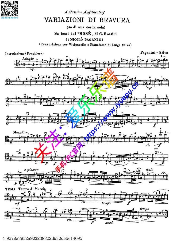 帕格尼尼 摩西主题变奏曲 大提琴谱V2 乐谱曲谱总谱分谱伴奏音乐在线预览试听下载