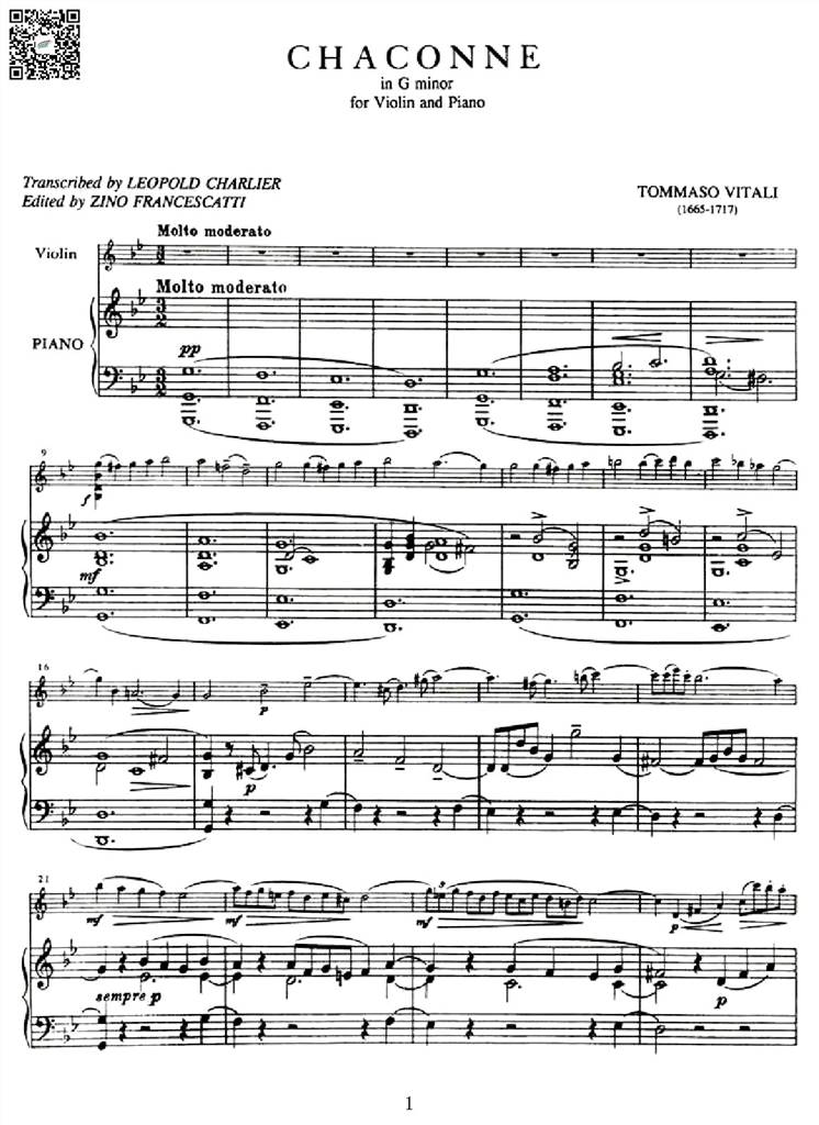 Vitali 维塔利 G小调恰空舞曲 Chaconne 小提琴曲谱 乐谱曲谱总谱分谱伴奏音乐在线预览试听下载