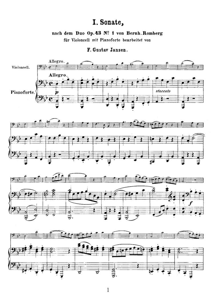 龙伯格降B大调第一大提琴奏鸣曲 Op.43 No.1 钢伴谱 乐谱曲谱总谱分谱伴奏音乐在线预览试听下载