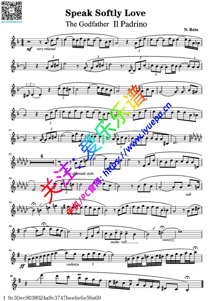 温柔的倾诉 教父主题曲 小号谱 乐谱曲谱总谱分谱伴奏音乐在线预览试听下载