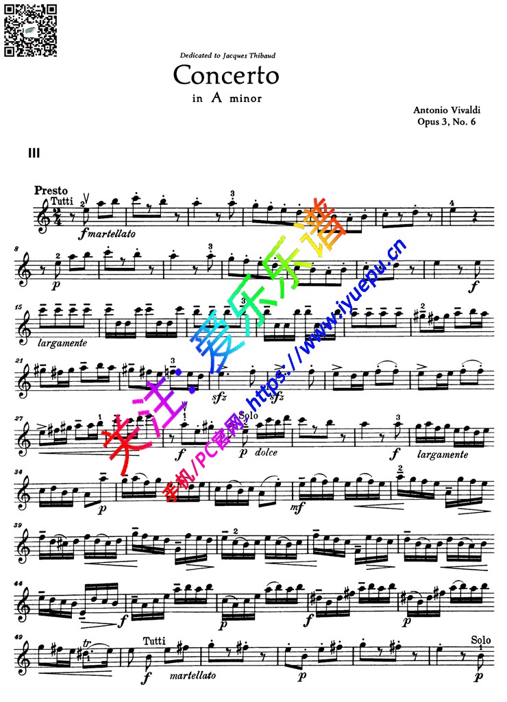 Vivaldi维瓦尔第a小调小提琴协奏曲Op3No6_RV356 第三乐章 小提琴谱 雅克·蒂博Jacques Thibaud 乐谱曲谱总谱分谱伴奏音乐在线预览试听下载