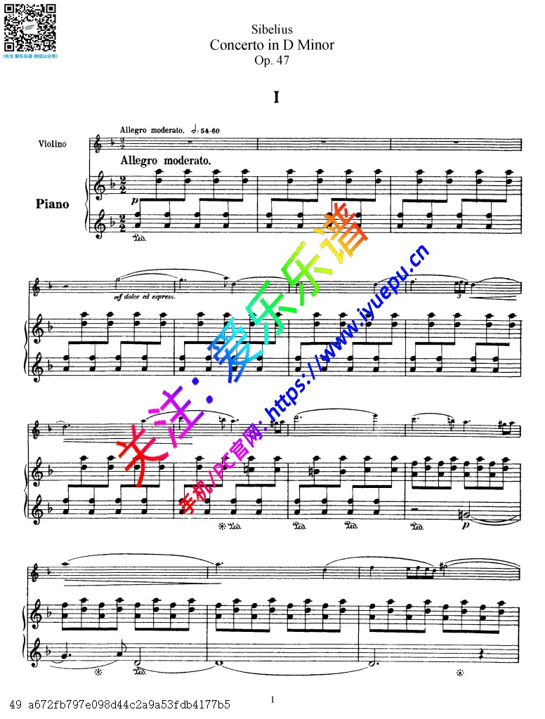 Sibelius西贝柳斯 Violin Concerto in d Op.47 D小调小提琴协奏曲 小提琴谱和钢琴伴奏谱 全三乐章 乐谱曲谱总谱分谱伴奏音乐在线预览试听下载
