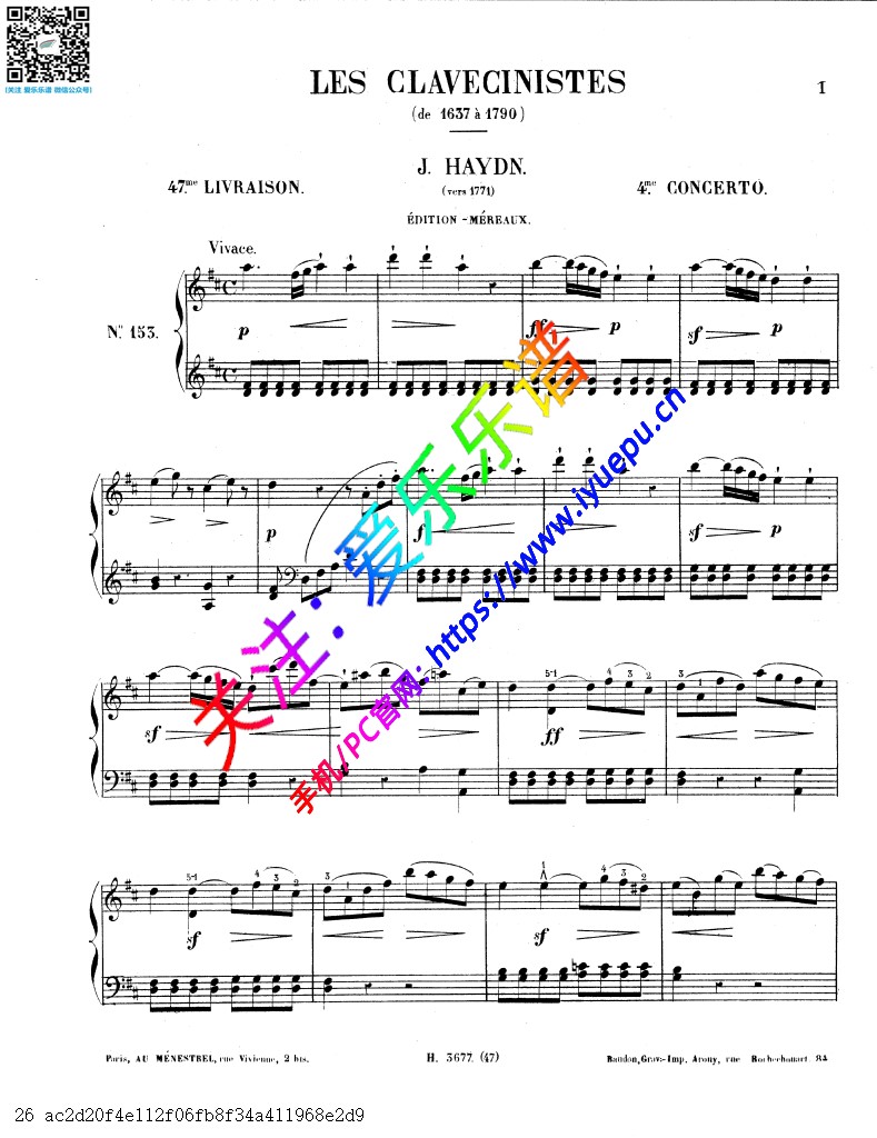 Haydn海顿 Concerto in D Major D大调钢琴协奏曲 Hob XVIII11 钢琴谱 乐谱曲谱总谱分谱伴奏音乐在线预览试听下载