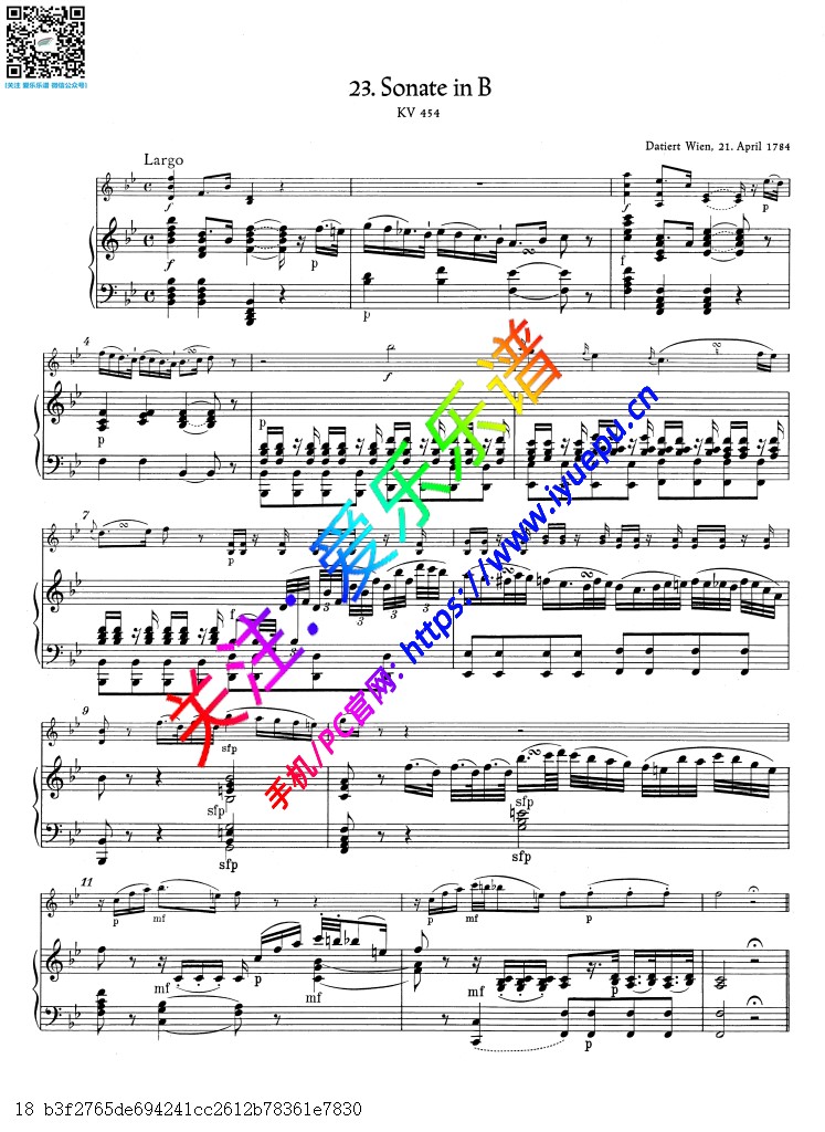 莫扎特降B大调奏鸣曲 K.454 小提琴钢琴伴奏谱  Barenreiter-V 乐谱曲谱总谱分谱伴奏音乐在线预览试听下载
