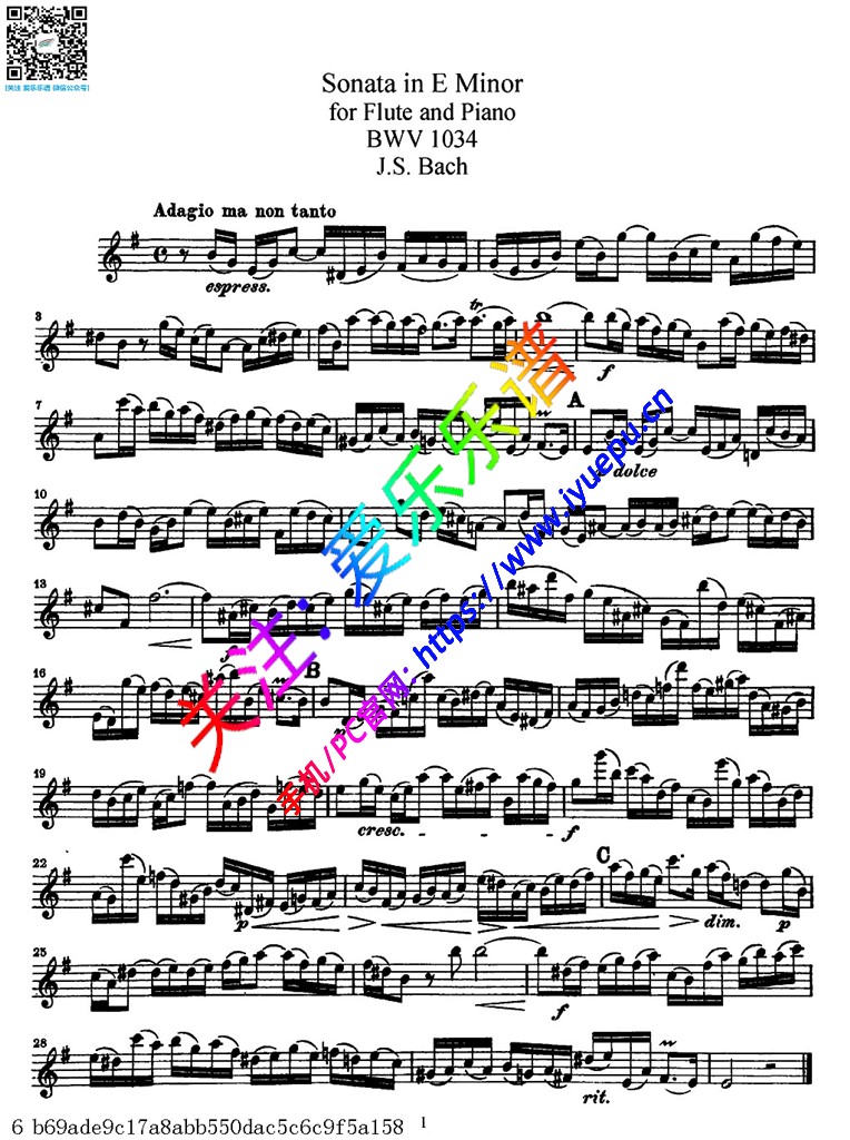 巴赫E小调长笛奏鸣曲 BWV1034 长笛谱V1 乐谱曲谱总谱分谱伴奏音乐在线预览试听下载