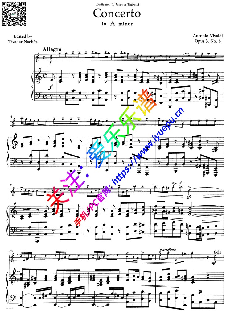 Vivaldi维瓦尔第a小调小提琴协奏曲Op3No6 RV356 全乐章 小提琴钢琴伴奏谱 Tivadar Nachèz 乐谱曲谱总谱分谱伴奏音乐在线预览试听下载