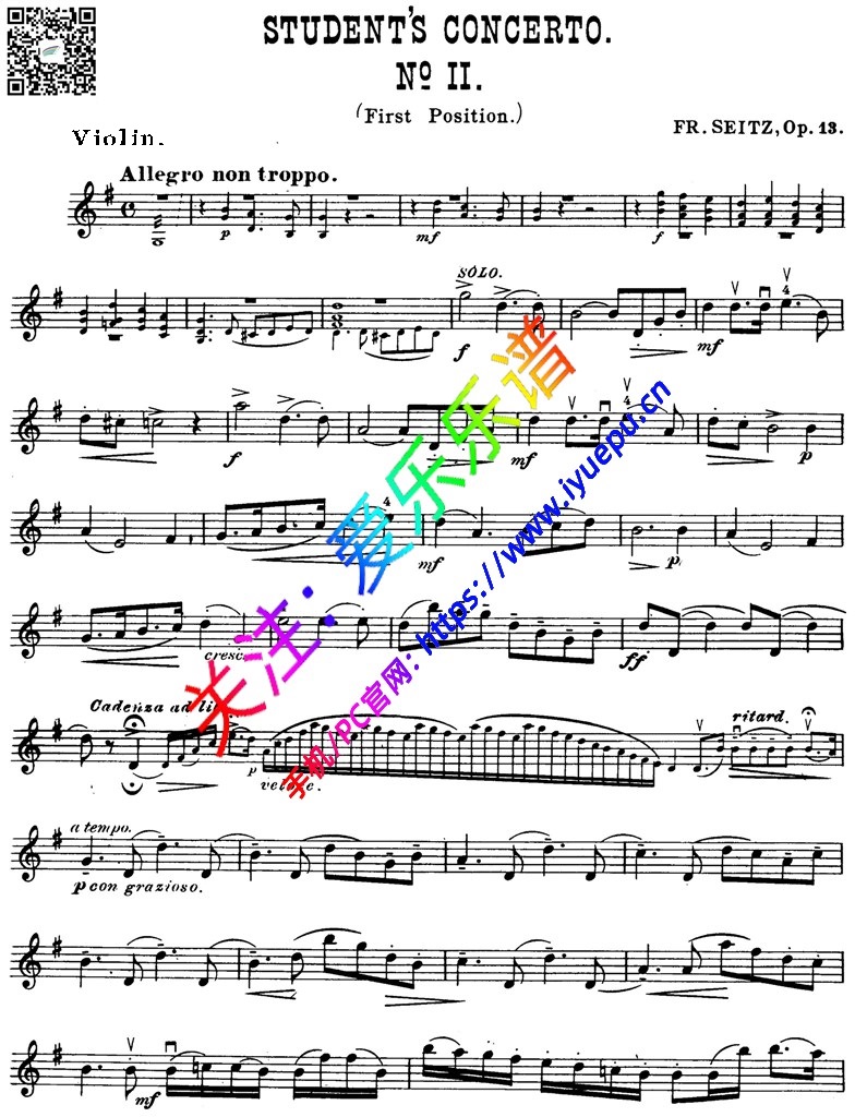 seitz 塞茨G大调第二学生协奏曲Op13 小提琴谱v2 乐谱曲谱总谱分谱伴奏音乐在线预览试听下载