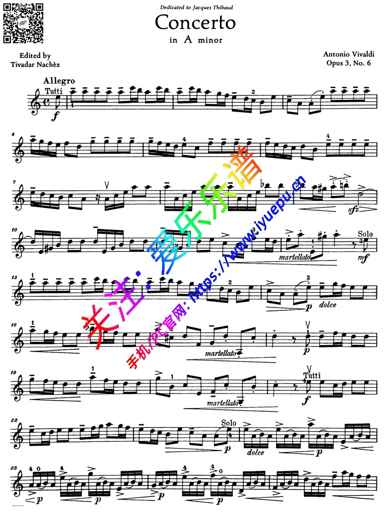 Vivaldi维瓦尔第a小调小提琴协奏曲Op3No6 RV356 全乐章 小提琴谱 Tivadar Nachèz 乐谱曲谱总谱分谱伴奏音乐在线预览试听下载