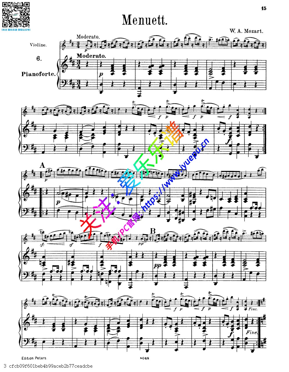 莫扎特D大调小步舞曲 (选自第17号嬉戏曲)小提琴谱钢琴伴奏谱 乐谱曲谱总谱分谱伴奏音乐在线预览试听下载