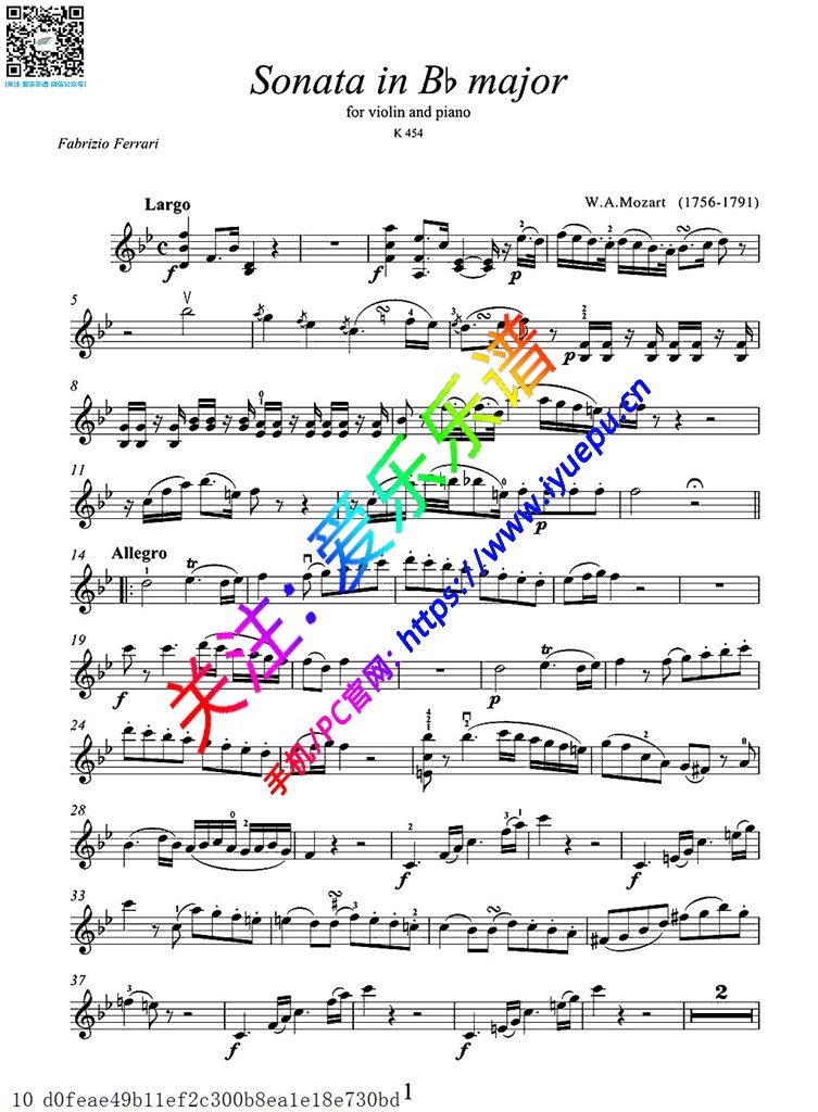 莫扎特降B大调奏鸣曲 K.454 小提琴谱2 乐谱曲谱总谱分谱伴奏音乐在线预览试听下载