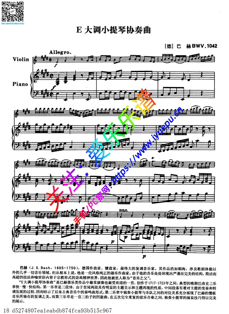 巴赫E大调第二小提琴协奏曲 钢伴谱1 乐谱曲谱总谱分谱伴奏音乐在线预览试听下载