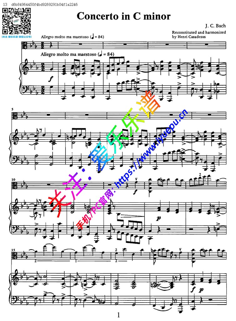 J.C.Bach巴赫 Concerto in C minor C小调中提琴协奏曲 钢伴谱 第一二乐章 乐谱曲谱总谱分谱伴奏音乐在线预览试听下载