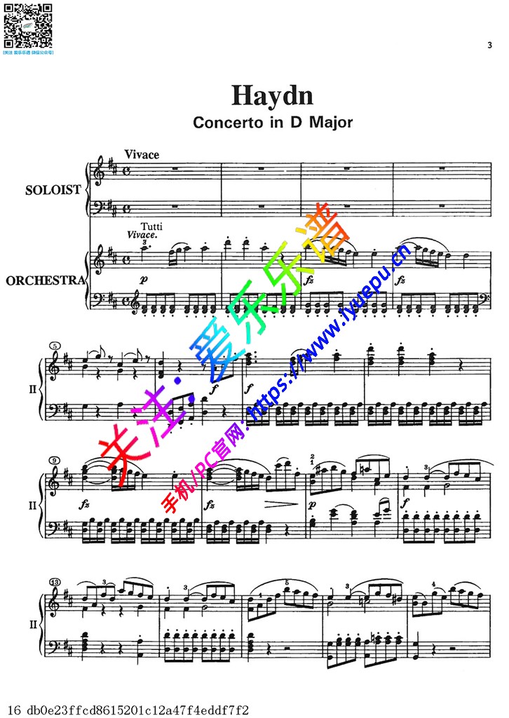 Haydn海顿 Concerto in D Major D大调钢琴协奏曲 Hob XVIII11 Ⅰ Vivace 双钢琴谱 乐谱曲谱总谱分谱伴奏音乐在线预览试听下载