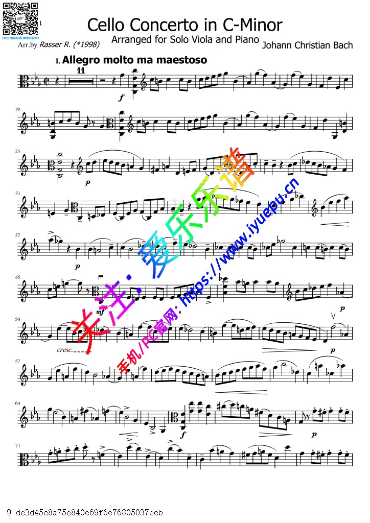 J.C.Bach巴赫 Concerto in C minor C小调协奏曲 中提琴谱（全三乐章） 乐谱曲谱总谱分谱伴奏音乐在线预览试听下载