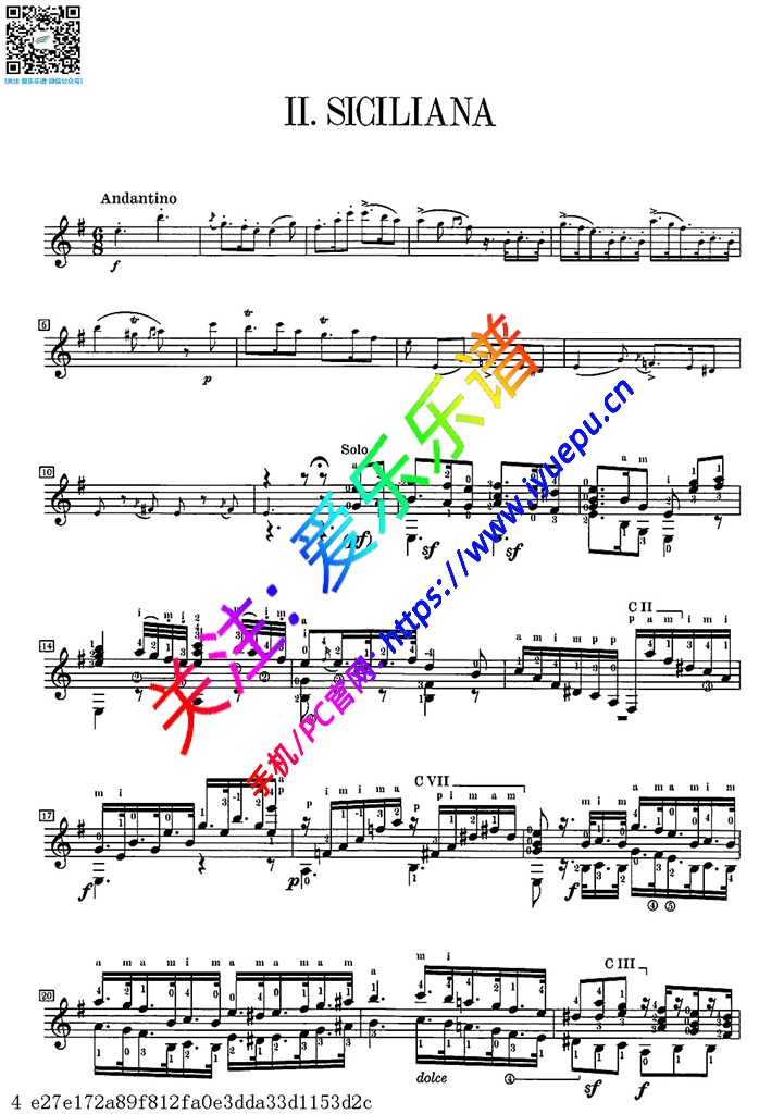 Mauro Giuliani朱尼亚尼 第一吉他协奏曲 Op.30 Ⅱ Siciliana 古典吉他谱 乐谱曲谱总谱分谱伴奏音乐在线预览试听下载