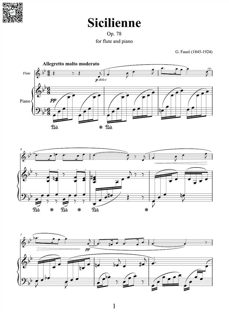 福雷 西西里舞曲 Op.78 长笛谱 钢伴谱 乐谱曲谱总谱分谱伴奏音乐在线预览试听下载