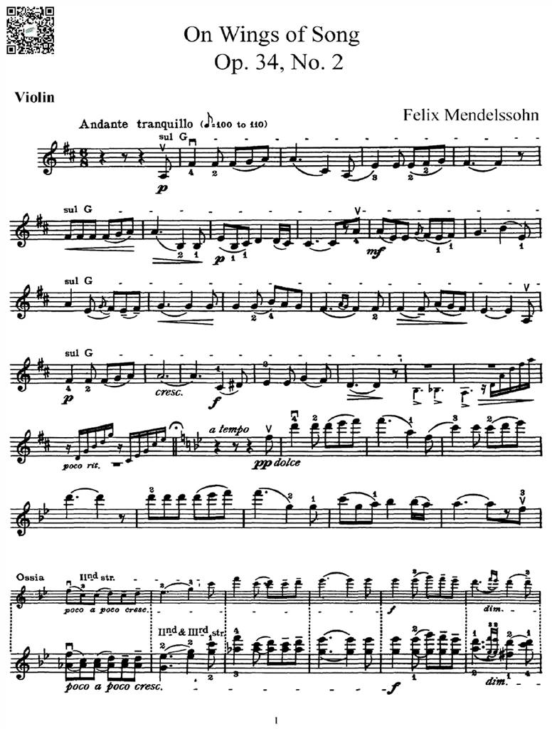 门德尔松 乘着歌声的翅膀 小提琴谱 乐谱曲谱总谱分谱伴奏音乐在线预览试听下载