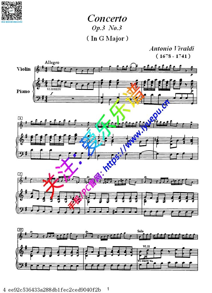 维瓦尔第G大调小提琴协奏曲Ⅰ 快板RV310 OP3 3小提琴钢伴谱 乐谱曲谱总谱分谱伴奏音乐在线预览试听下载