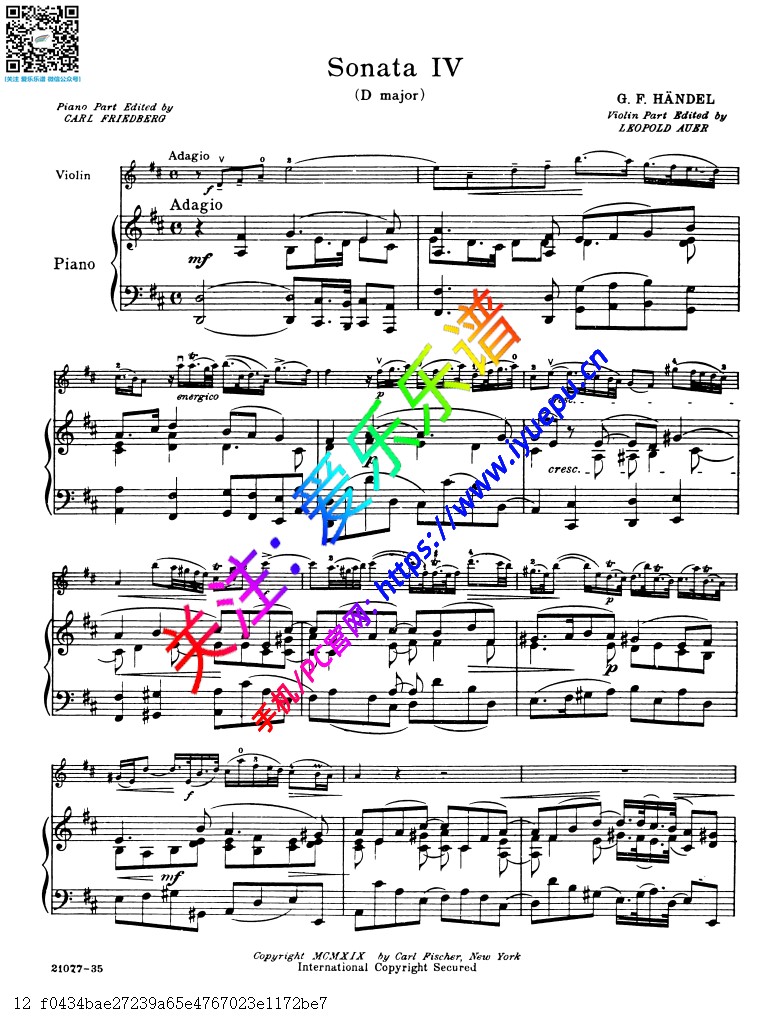 亨德尔D大调第四奏鸣曲 HWV371 小提琴钢琴伴奏谱 乐谱曲谱总谱分谱伴奏音乐在线预览试听下载