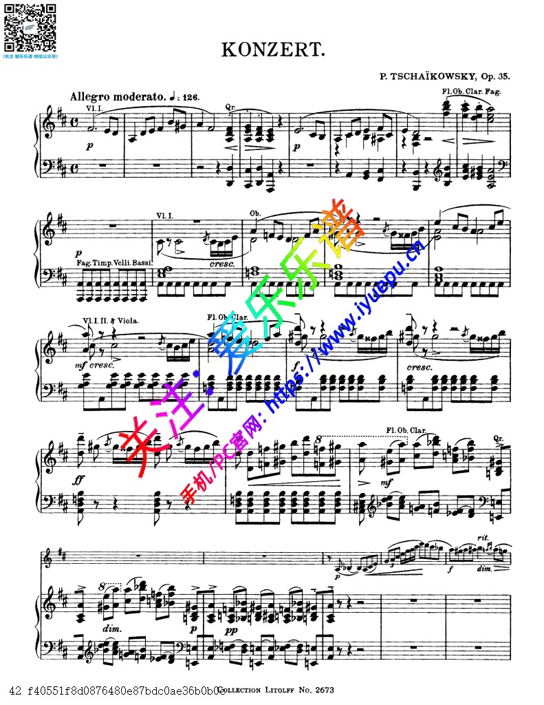 柴科夫斯基D大调小提琴协奏曲 Op35 小提琴钢琴伴奏谱 Litolff 乐谱曲谱总谱分谱伴奏音乐在线预览试听下载