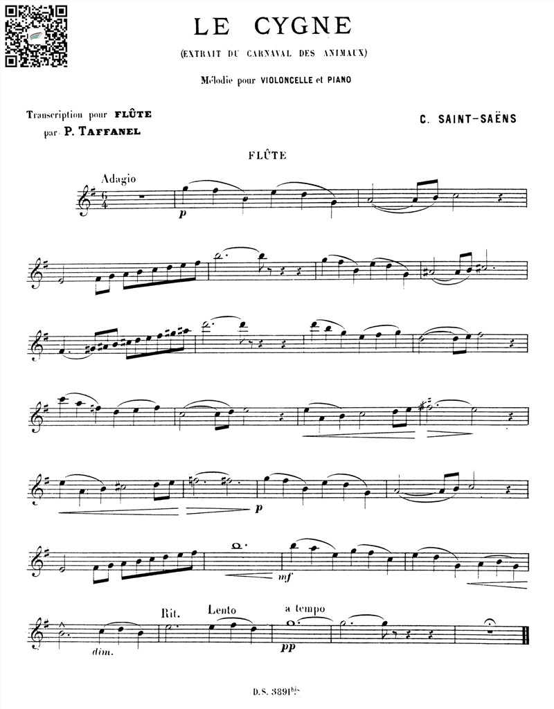 圣桑 天鹅 长笛谱 乐谱曲谱总谱分谱伴奏音乐在线预览试听下载