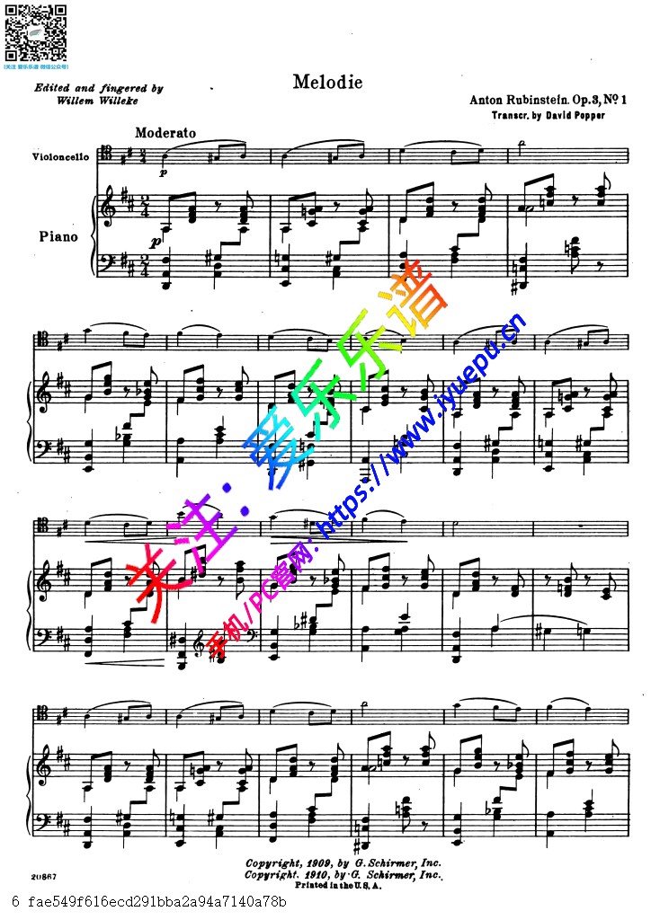 A.Rubinstein 鲁宾斯坦 旋律 Op3No1 大提琴谱钢琴伴奏谱1 D 乐谱曲谱总谱分谱伴奏音乐在线预览试听下载