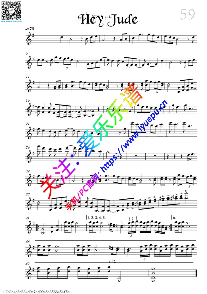 Hey Jude-小提琴独奏谱 David Garrett 戴维·嘉雷特 大卫·盖瑞 大卫·加勒特 乐谱曲谱总谱分谱伴奏音乐在线预览试听下载