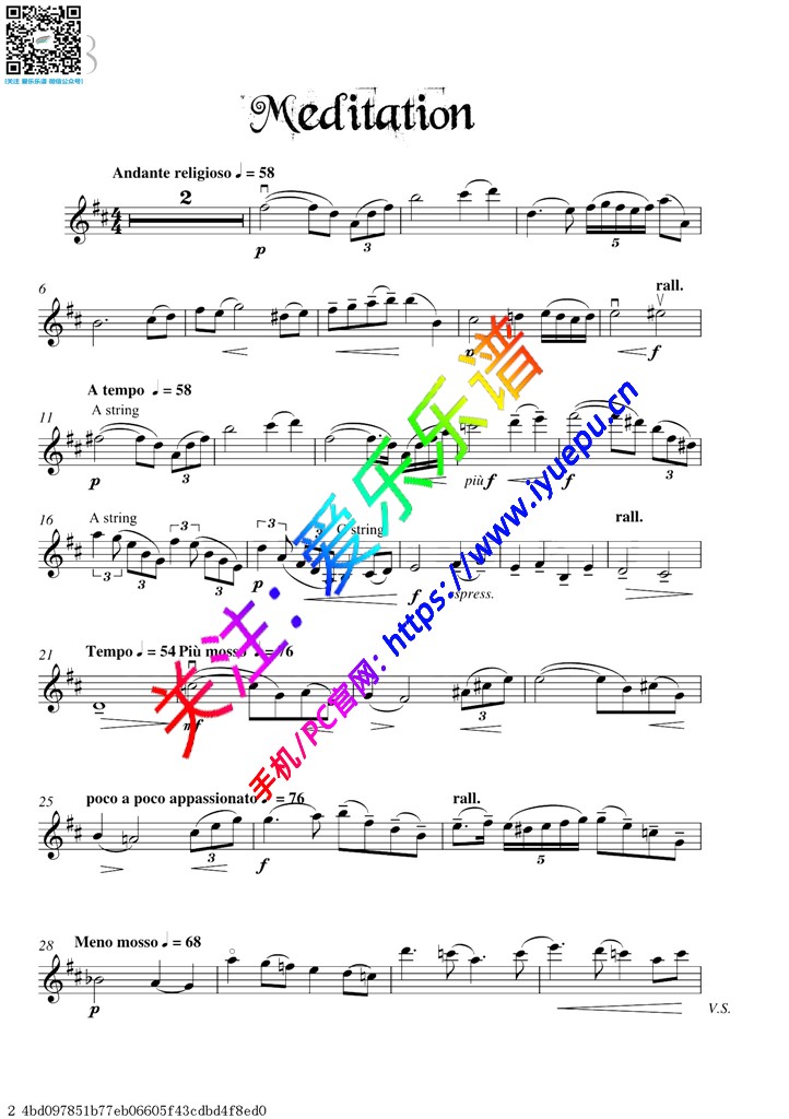 Meditation-小提琴独奏谱 David Garrett 戴维·嘉雷特 大卫·盖瑞 大卫·加勒特 乐谱曲谱总谱分谱伴奏音乐在线预览试听下载
