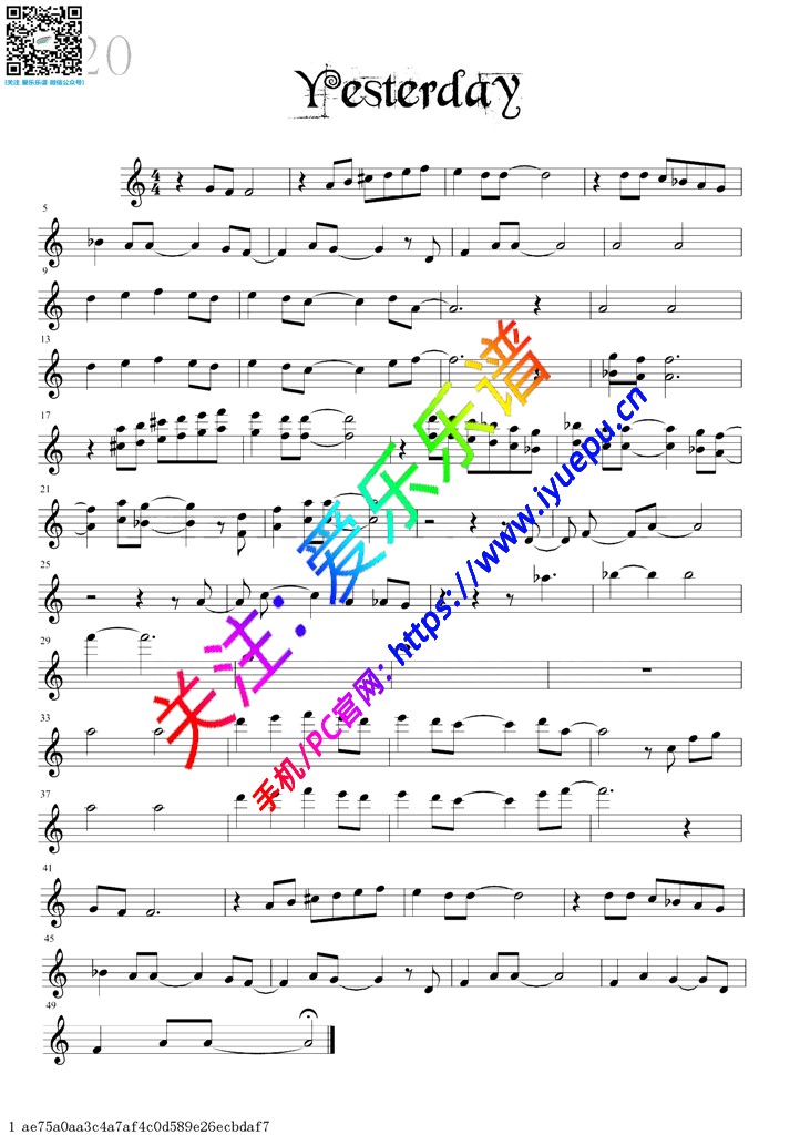 Yesterday-小提琴独奏谱 David Garrett 戴维·嘉雷特 大卫·盖瑞 大卫·加勒特 乐谱曲谱总谱分谱伴奏音乐在线预览试听下载