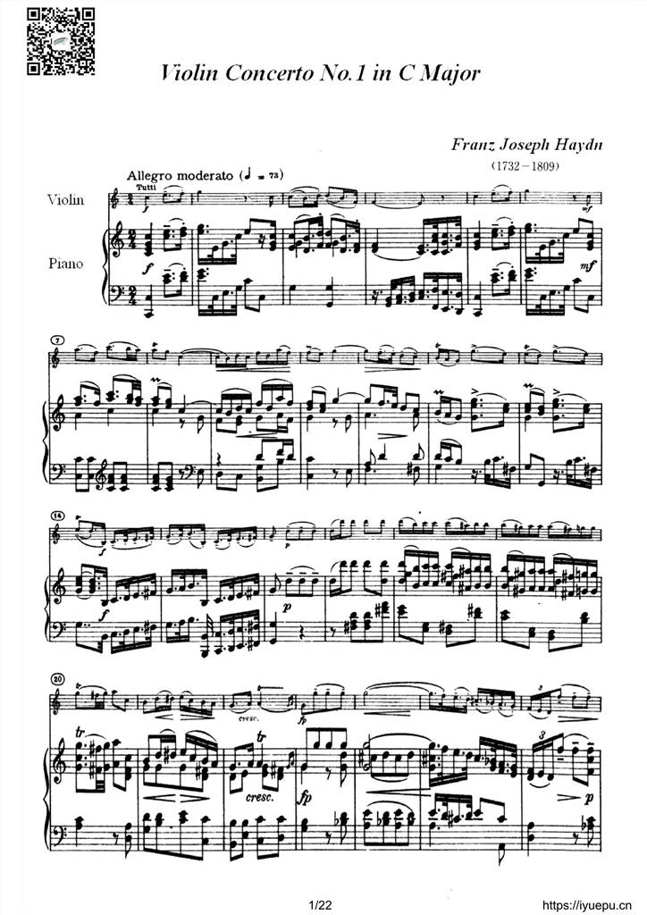 海顿C大调第一小提琴协奏曲 小提琴钢琴伴奏谱含华彩Peters 乐谱曲谱总谱分谱伴奏音乐在线预览试听下载