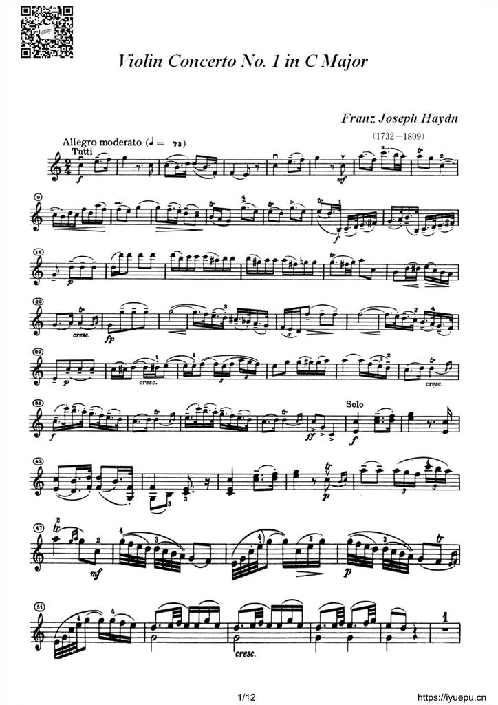 海顿C大调第一小提琴协奏曲小提琴谱 乐谱曲谱总谱分谱伴奏音乐在线预览试听下载
